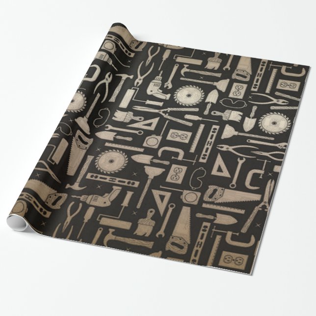 Papier Cadeau Noir et papier d'emballage d'outils d'atelier d'or (Déroulé)
