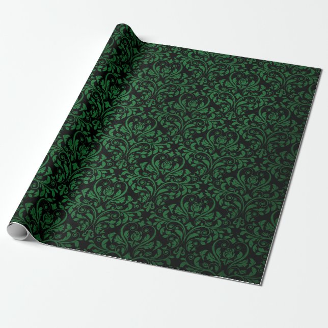 Papier Cadeau Noir et vert Rustique Damask Imprimer (Déroulé)