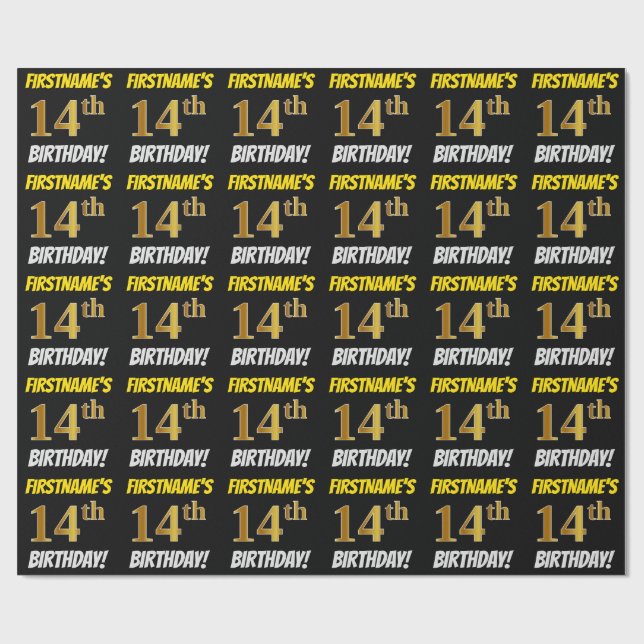 Papier Cadeau Noir, Faux/Imitation Or, "14e anniversaire" (Plat)