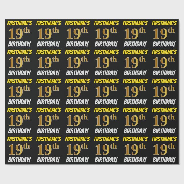 Papier Cadeau Noir, Faux/Imitation Or, "19e ANNIVERSAIRE" (Plat)