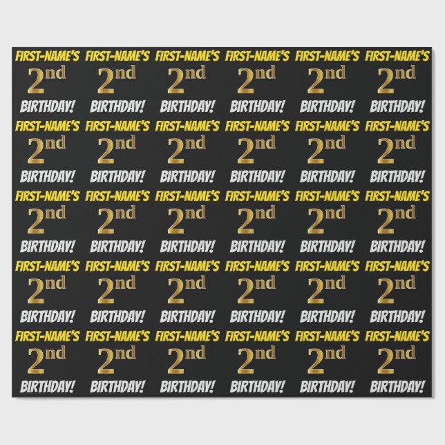 Papier Cadeau Noir, Faux/Imitation Or, "2e anniversaire" (Plat)