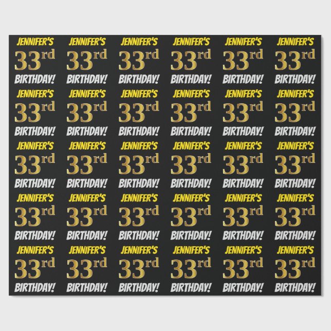 Papier Cadeau Noir, Faux/Imitation Or, "33e anniversaire" (Plat)