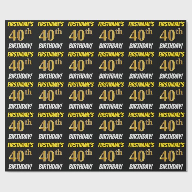 Papier Cadeau Noir, Faux/Imitation Or, "40e ANNIVERSAIRE" (Plat)