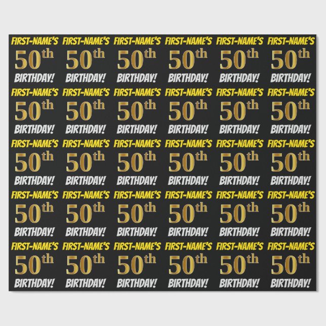 Papier Cadeau Noir, Faux/Imitation Or, "50e ANNIVERSAIRE" (Plat)