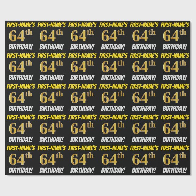 Papier Cadeau Noir, Faux/Imitation Or, "64e anniversaire" (Plat)