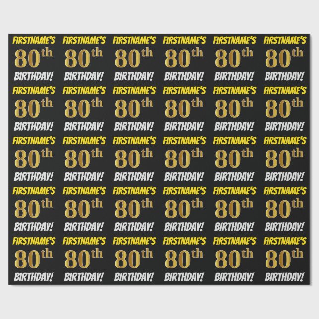 Papier Cadeau Noir, Faux/Imitation Or, "80e ANNIVERSAIRE" (Plat)