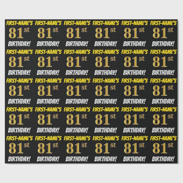 Papier Cadeau Noir, Faux/Imitation Or, "81e ANNIVERSAIRE" (Plat)