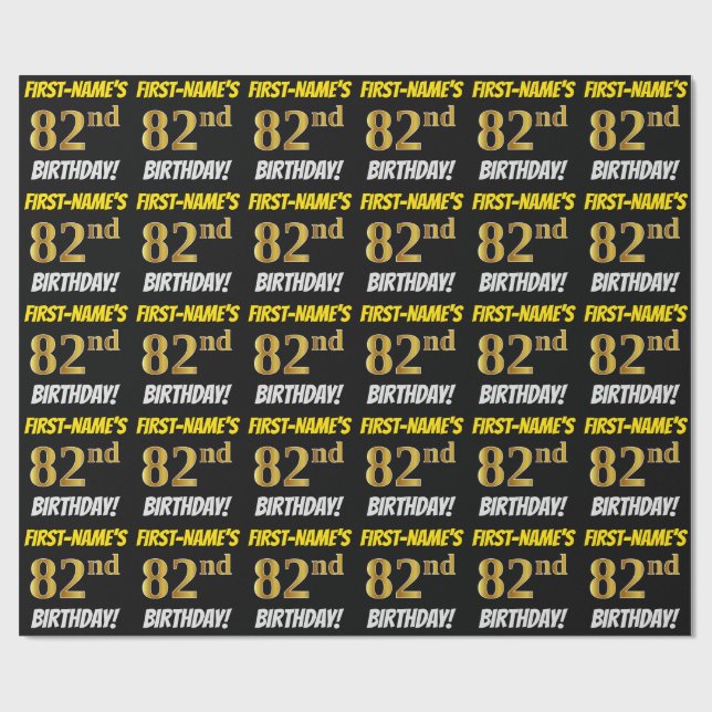 Papier Cadeau Noir, Faux/Imitation Or, "82e anniversaire" (Plat)