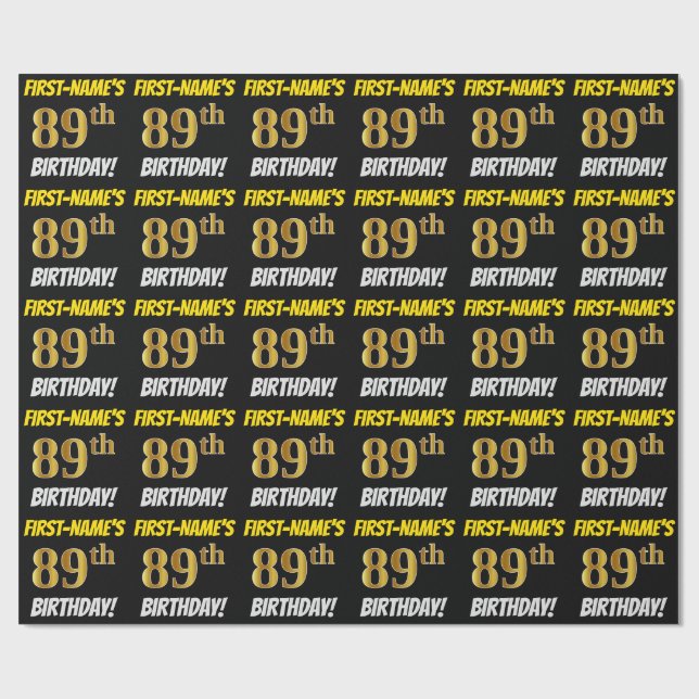 Papier Cadeau Noir, Faux/Imitation Or, "89e ANNIVERSAIRE" (Plat)