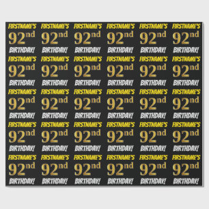 Papier Cadeau Noir, Faux/Imitation Or, "92e anniversaire"