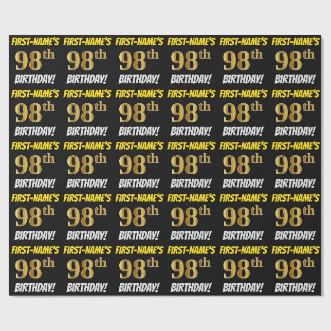 Papier Cadeau Noir, Faux/Imitation Or, "98e ANNIVERSAIRE" (Plat)