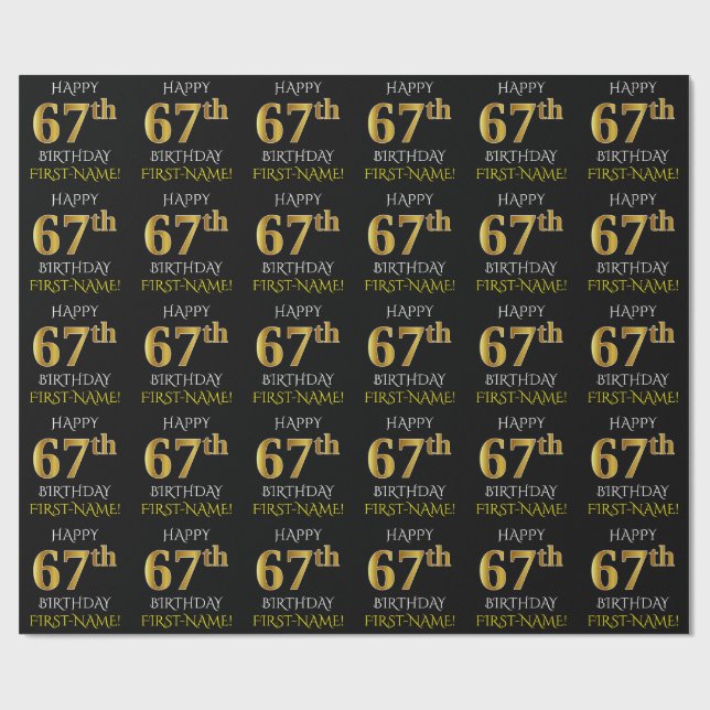 Papier Cadeau Noir, Faux Or "HAPPY 67th BIRTHDAY" (Plat)