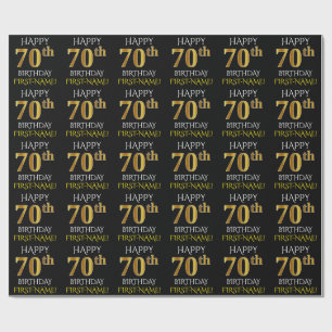 Papier Cadeau Noir, Faux Or "HAPPY 70th BIRTHDAY"