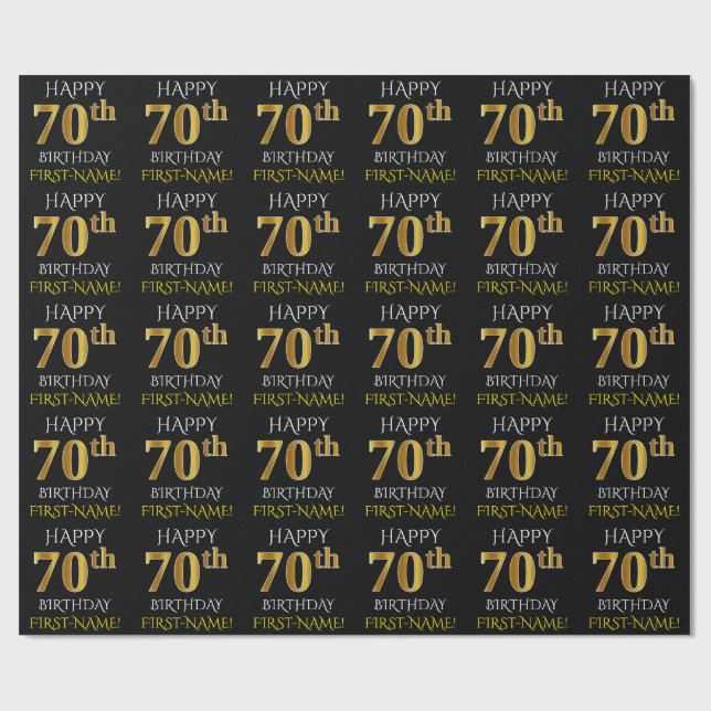 Papier Cadeau Noir, Faux Or "HAPPY 70th BIRTHDAY" (Plat)