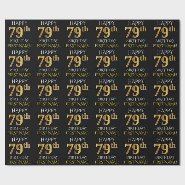 Papier Cadeau Noir, Faux Or "HAPPY 79th BIRTHDAY" (Plat)