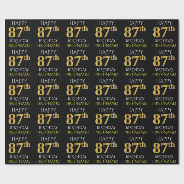 Papier Cadeau Noir, Faux Or "HAPPY 87th BIRTHDAY" (Plat)