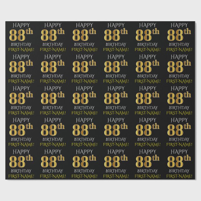 Papier Cadeau Noir, Faux Or "HAPPY 88th BIRTHDAY" (Plat)