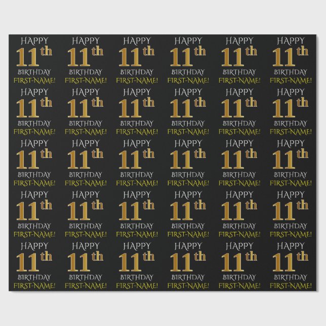 Papier Cadeau Noir, Faux Or "HEUREUX 11ème anniversaire" (Plat)