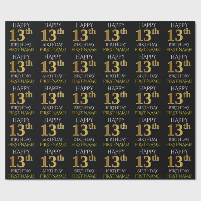 Papier Cadeau Noir, Faux Or "HEUREUX 13ème anniversaire" (Plat)