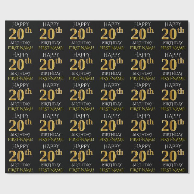 Papier Cadeau Noir, Faux Or "HEUREUX 20e ANNIVERSAIRE" (Plat)
