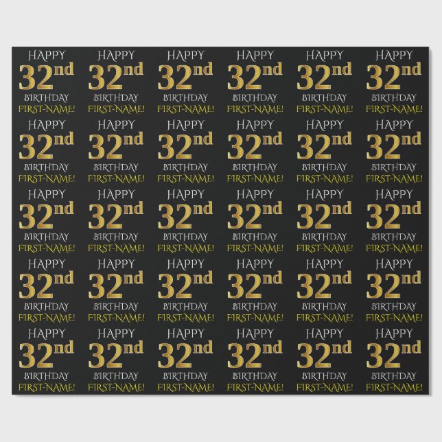 Papier Cadeau Noir, Faux Or "HEUREUX 32e anniversaire" (Plat)