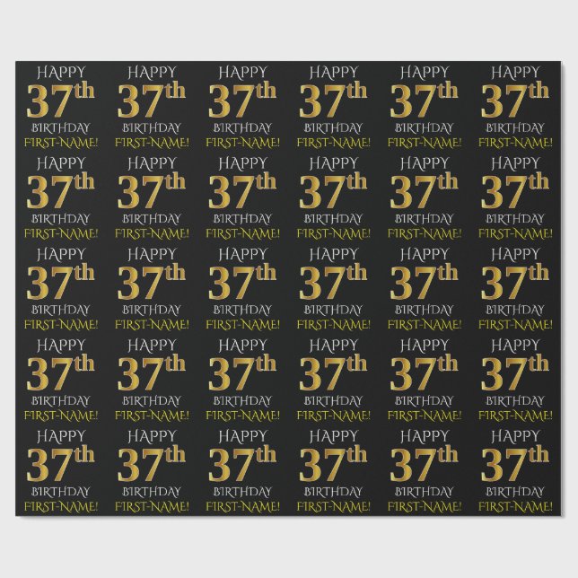 Papier Cadeau Noir, Faux Or "HEUREUX 37ème anniversaire" (Plat)