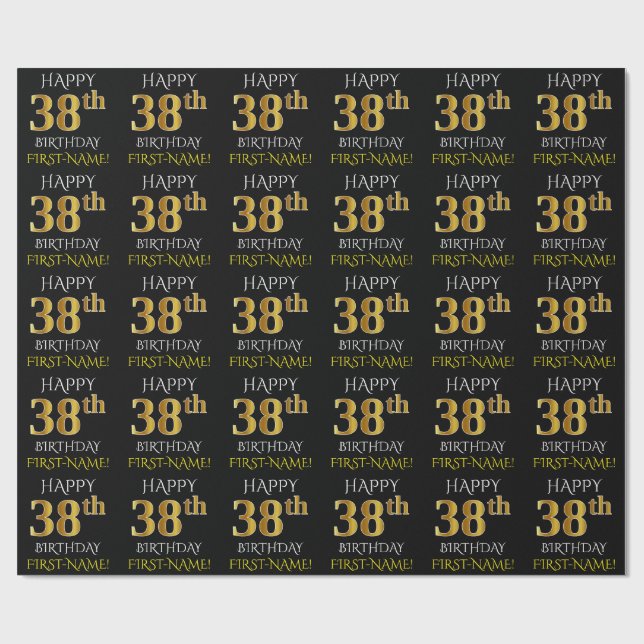Papier Cadeau Noir, Faux Or "HEUREUX 38ème anniversaire" (Plat)