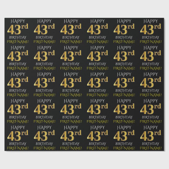 Papier Cadeau Noir, Faux Or "HEUREUX 43ème anniversaire" (Plat)