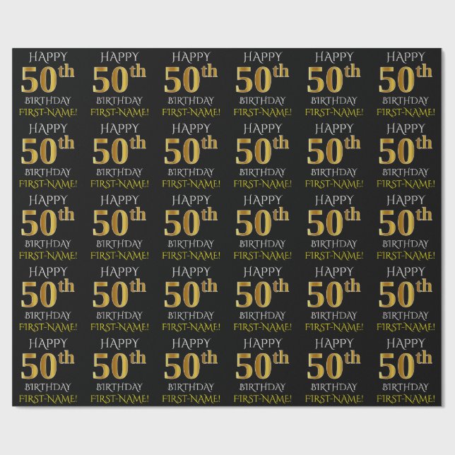 Papier Cadeau Noir, Faux Or "HEUREUX 50ème anniversaire" (Plat)