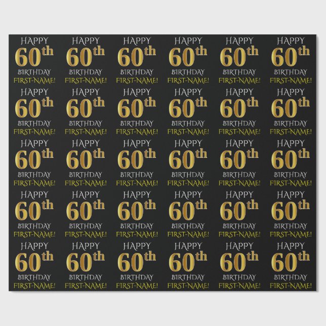 Papier Cadeau Noir, Faux Or "HEUREUX 60e ANNIVERSAIRE" (Plat)