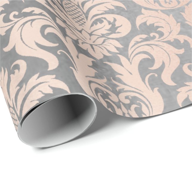 Papier Cadeau Noir gris argenté blanc rose métallisé Damas (Coin rond)