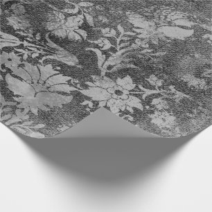 Papier Cadeau Noir Gris Silver Rose Floral Cottage Grungy Damask