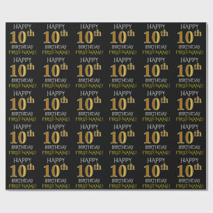 Papier Cadeau Noir, "HAPPY 10th BIRTHDAY" Papier à envelopper