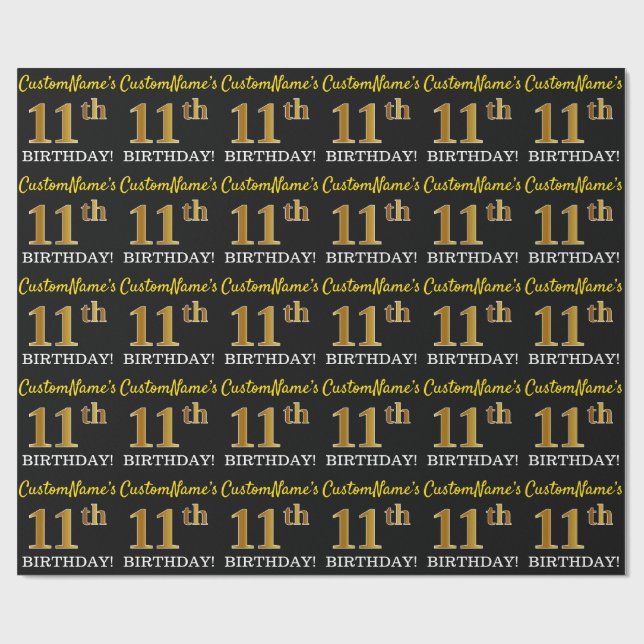 Papier Cadeau Noir, Imitation Or "11ème anniversaire" (Plat)