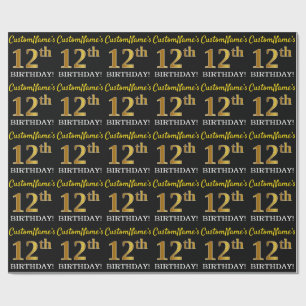 Papier Cadeau Noir, Imitation Or "12ème anniversaire"