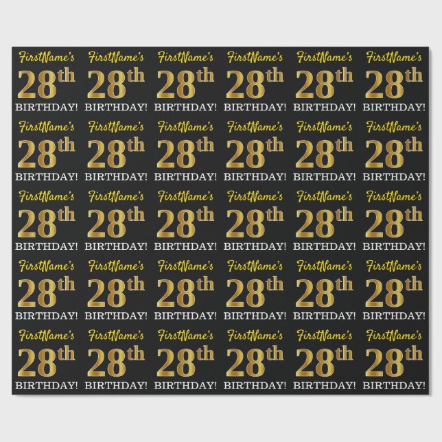 Papier Cadeau Noir, Imitation Or "28ème anniversaire" (Plat)
