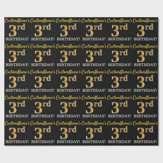 Papier Cadeau Noir, Imitation Or "3e anniversaire" (Plat)