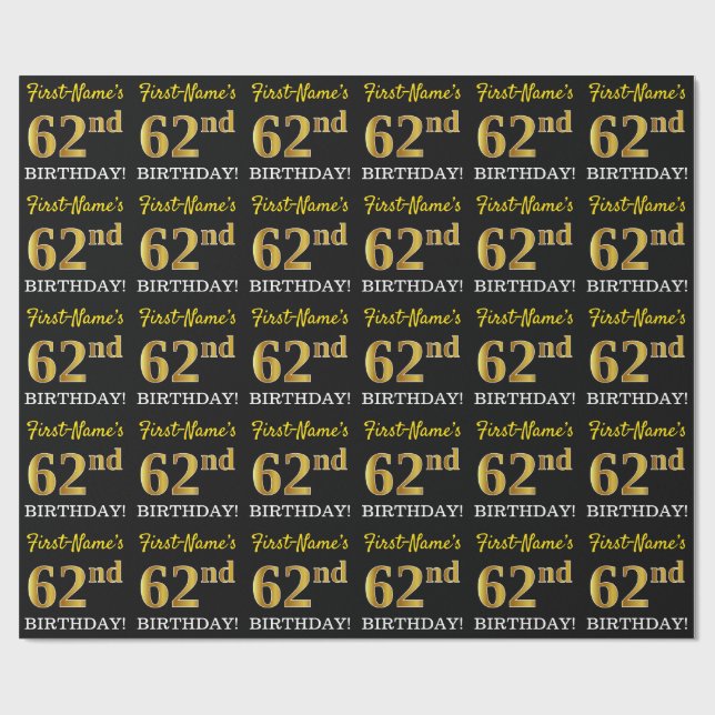 Papier Cadeau Noir, Imitation Or "62e anniversaire" (Plat)