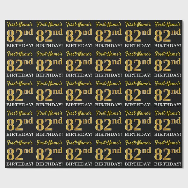 Papier Cadeau Noir, Imitation Or "82e anniversaire" (Plat)
