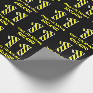 Papier Cadeau Noir & Jaune rayé "11"; 11e anniversaire + nom