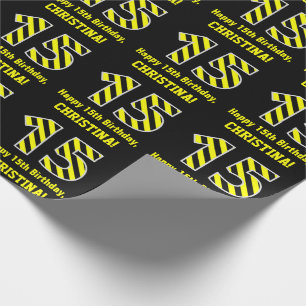 Papier Cadeau Noir & Jaune rayé "15"; 15e anniversaire + nom