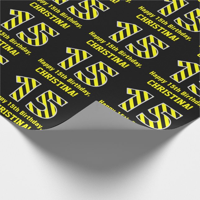 Papier Cadeau Noir & Jaune rayé "15"; 15e anniversaire + nom (Coin)
