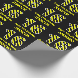 Papier Cadeau Noir & Jaune rayé "16"; 16e anniversaire + nom