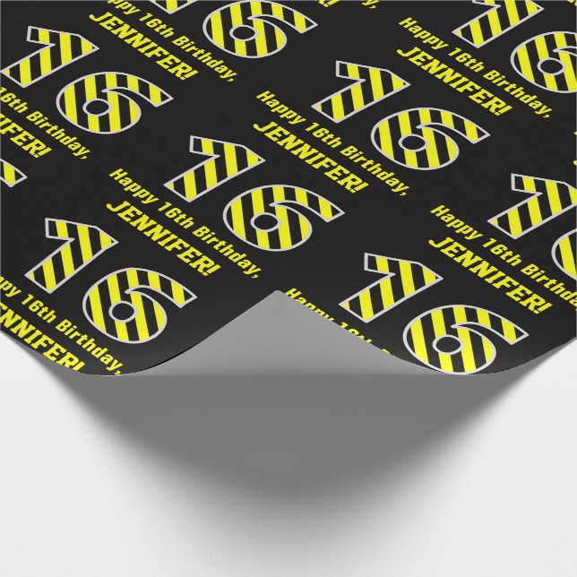 Papier Cadeau Noir & Jaune rayé "16"; 16e anniversaire + nom (Coin)