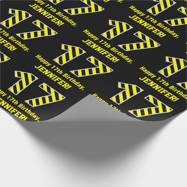 Papier Cadeau Noir & Jaune rayé "17"; 17e anniversaire + nom (Coin)