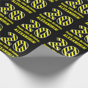 Papier Cadeau Noir & Jaune rayé "20"; 20e anniversaire + nom