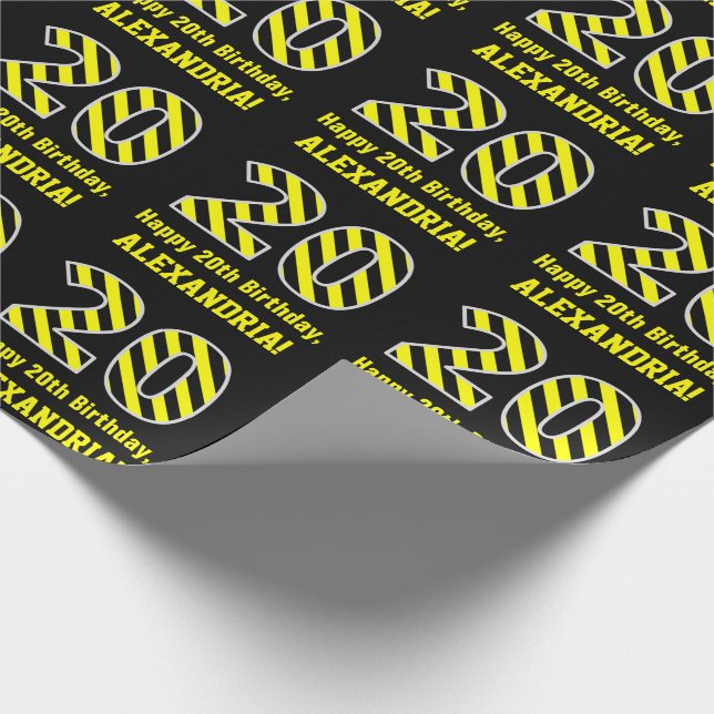 Papier Cadeau Noir & Jaune rayé "20"; 20e anniversaire + nom (Coin)