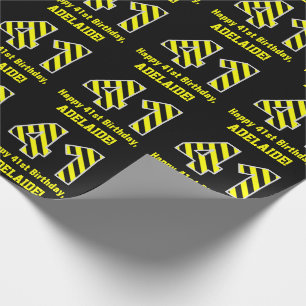 Papier Cadeau Noir & Jaune rayé "41"; 41e anniversaire + nom
