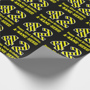 Papier Cadeau Noir & Jaune rayé "42"; 42e anniversaire + nom