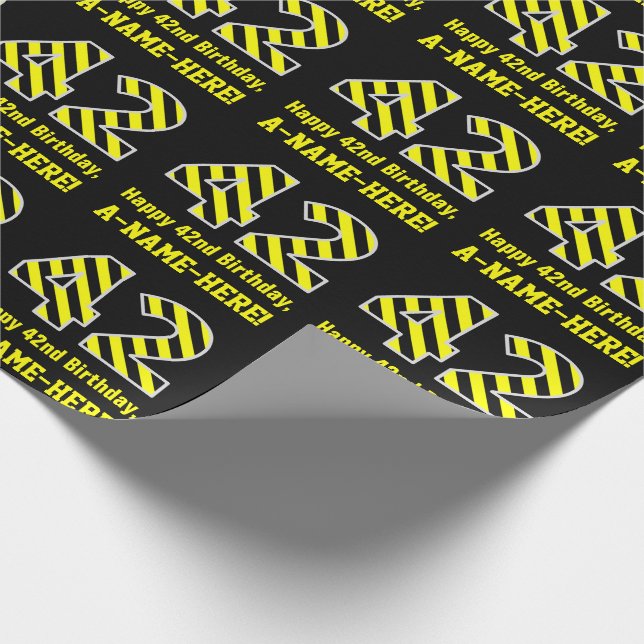 Papier Cadeau Noir & Jaune rayé "42"; 42e anniversaire + nom (Coin)